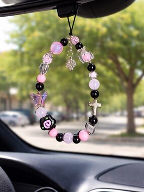 Pink and Black Beaded Charm Bracelet with Cross and Butterfly